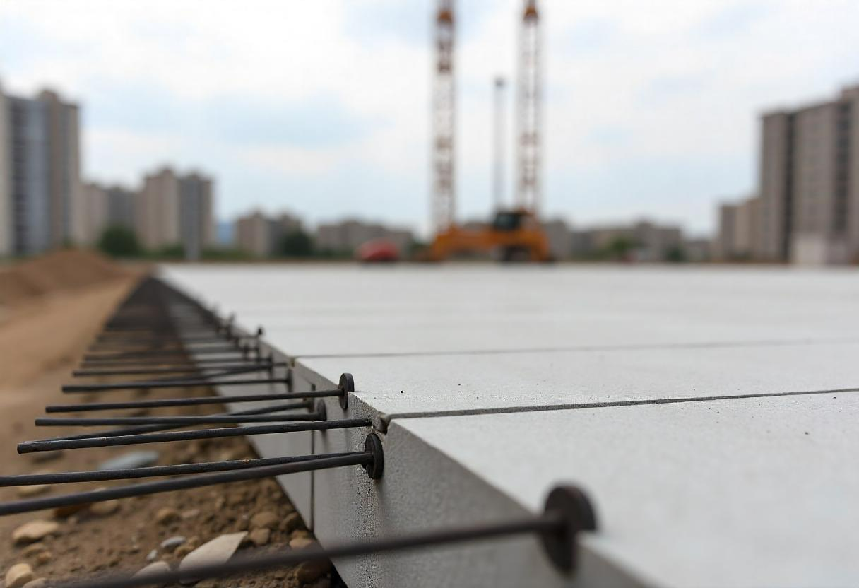 Imagem de concreto protendido com cabos de aço tensionados em uma obra de construção civil