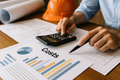 Engenheiro calculando custos e orçamentos para uma obra