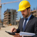 Engenheiro calculando financiamento para obras no canteiro