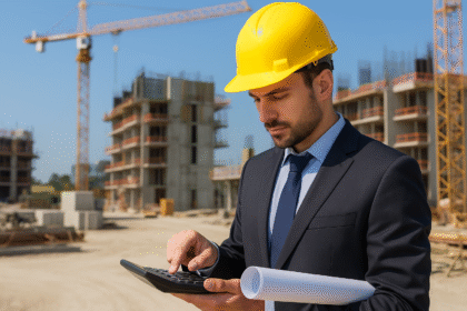Engenheiro calculando financiamento para obras no canteiro