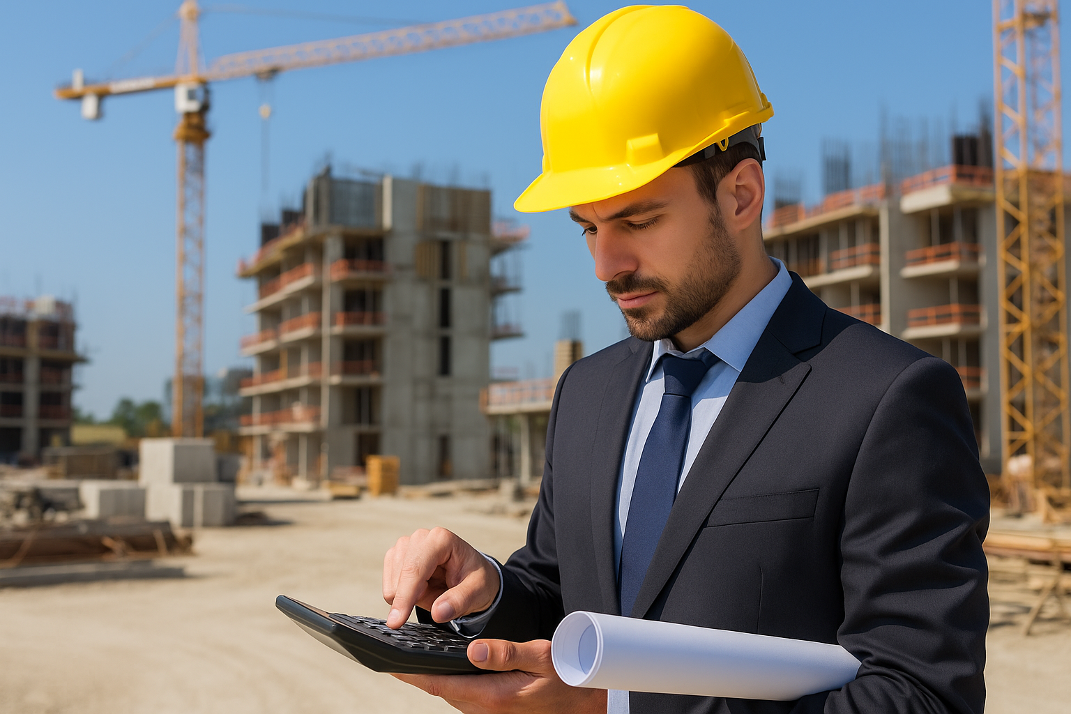 Engenheiro calculando financiamento para obras no canteiro