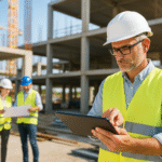 Engenheiro gerenciando obra no canteiro com tablet