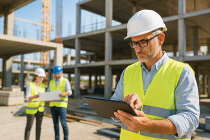 Engenheiro gerenciando obra no canteiro com tablet