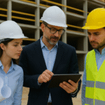 Equipe de engenharia criando estratégias de marketing para construção